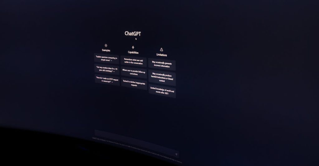 A dark, minimalist photo of a computer monitor displaying the ChatGPT interface.