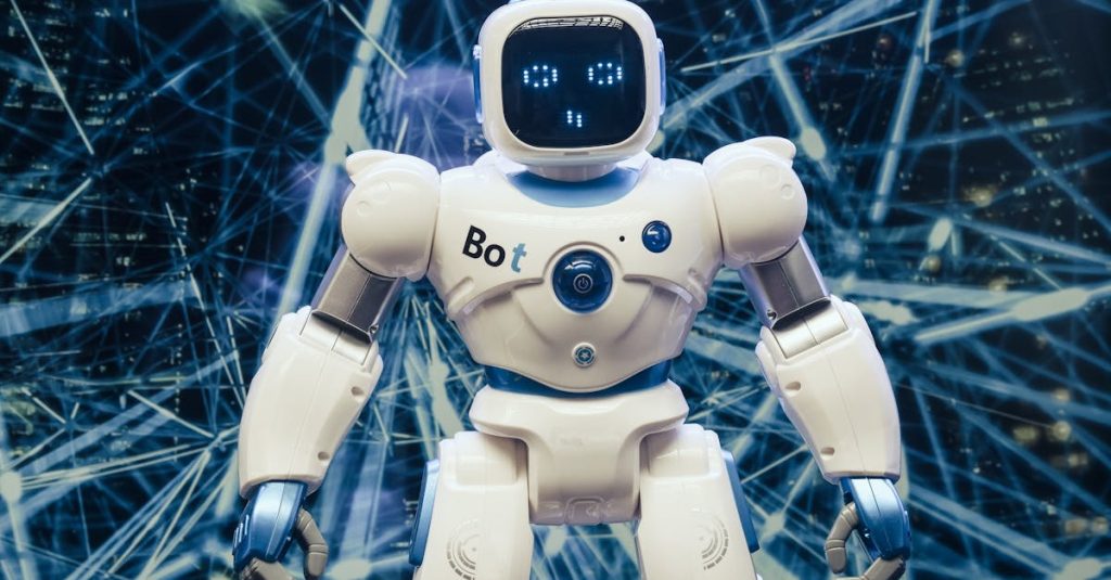 A modern humanoid robot with luminous features set against a digital network backdrop.