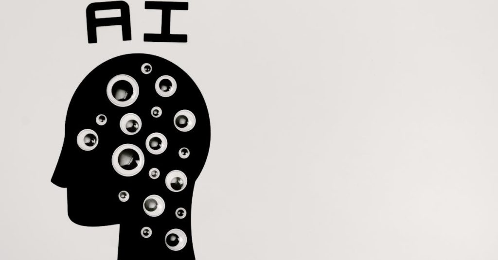 Abstract illustration of AI with silhouette head full of eyes, symbolizing observation and technology.